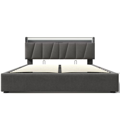 Lit Coffre 160 X 200cm Tête De Lit Avec Rangement, USB + Éclairage LED - Lin Gris