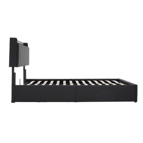 Lit Coffre 160 X 200cm Tête De Lit Avec Rangement, USB + Éclairage LED - Lin Gris