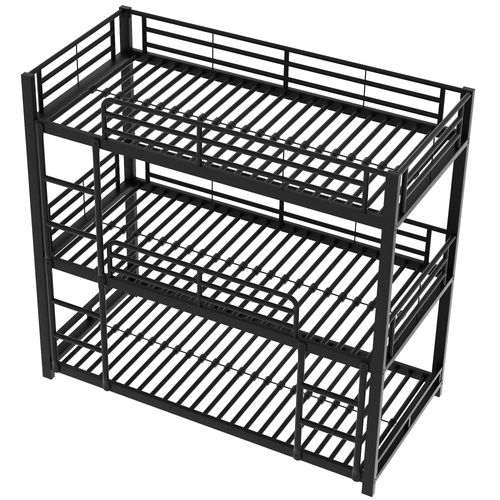 Lit Superposé Triple Transformable 3x90x200 Cm Avec Échelle Et Barrière Noir