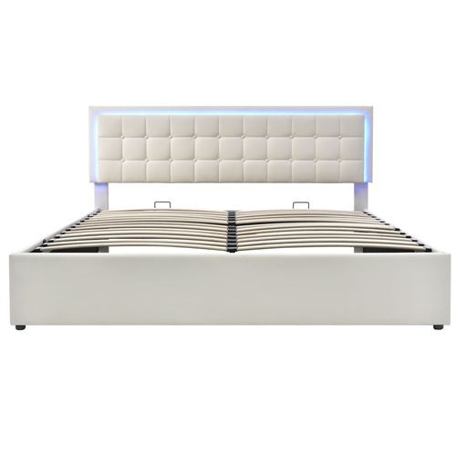 Lit Rembourré Coffre LED 180x200 Cm En Blanc Pu Avec Tête De Lit Et Sommier