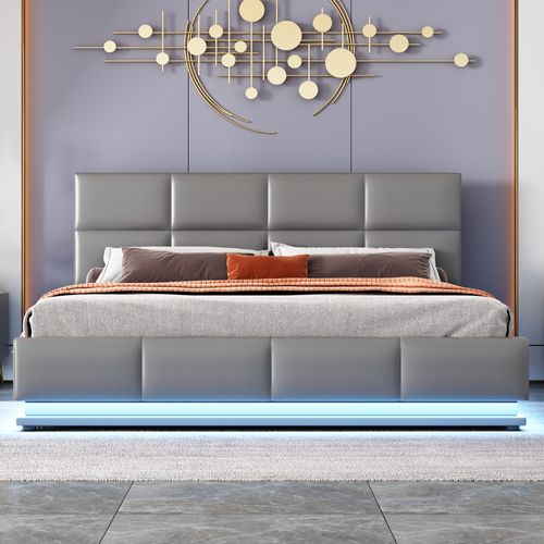Lit Adult Lit Coffre LED 160 X 200cm Avec Tête De Lit Réglable Et Sommier En Gris