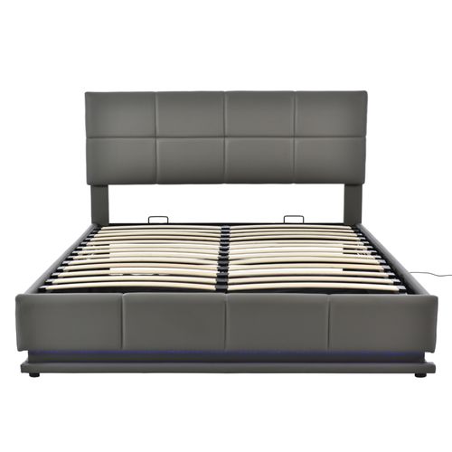 Lit Adult Lit Coffre LED 160 X 200cm Avec Tête De Lit Réglable Et Sommier En Gris