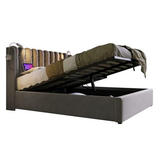 Lit Coffre 160 X 200cm Tête De Lit Avec Liseuse Et Chargement USB Velours En Gris