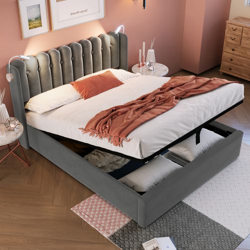 Lit Coffre 160 X 200cm Tête De Lit Avec Liseuse Et Chargement USB Velours En Gris
