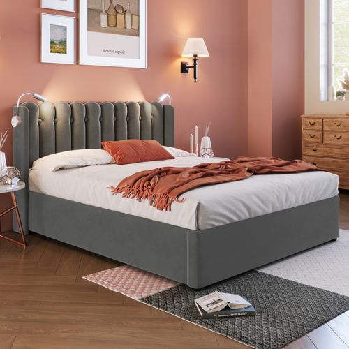 Lit Coffre 160 X 200cm Tête De Lit Avec Liseuse Et Chargement USB Velours En Gris