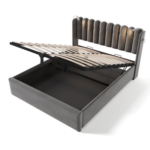 Lit Coffre 160 X 200cm Tête De Lit Avec Liseuse Et Chargement USB Velours En Gris