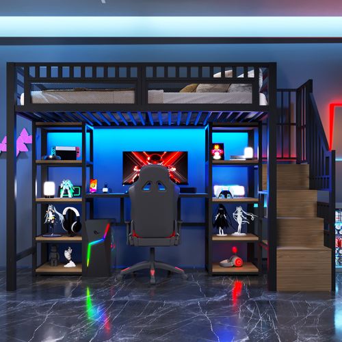Lit Mezzanine 90 X 200 Cm Avec Bureau, LED, USB, Escalier Et Étagères à 8 Niveaux En Fer Noir