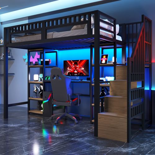 Lit Mezzanine 90 X 200 Cm Avec Bureau, LED, USB, Escalier Et Étagères à 8 Niveaux En Fer Noir