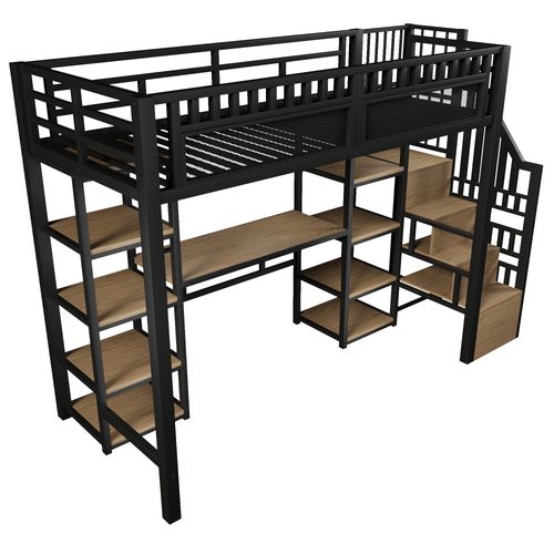 Lit Mezzanine 90 X 200 Cm Avec Bureau, LED, USB, Escalier Et Étagères à 8 Niveaux En Fer Noir