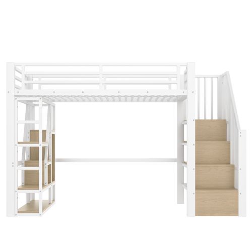 Lit Mezzanine 90 X 200 Cm Avec Éclairage LED, Escalier Et Étagères à Plusieurs Niveaux En Fer Blanc