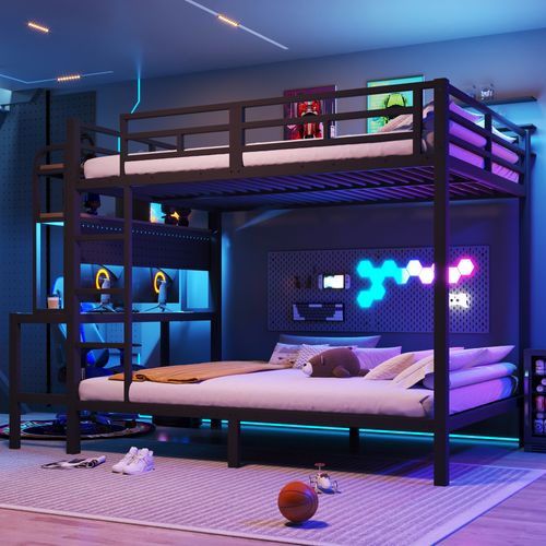 Lit Superposé 2 X 140 X 200 Cm Avec Bureau, Écran LED, Ports USB Et Étagères à 2 Niveaux En Fer Noir