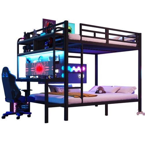 Lit Superposé 2 X 140 X 200 Cm Avec Bureau, Écran LED, Ports USB Et Étagères à 2 Niveaux En Fer Noir