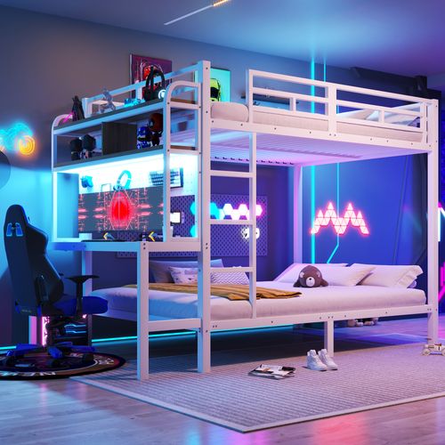 Lit Superposé 2 X 140 X 200 Cm Avec Bureau, LED, USB Et Étagères à 2 Niveaux En Fer Blanc