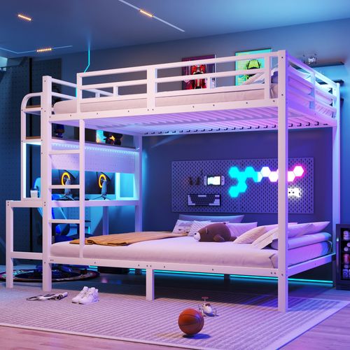 Lit Superposé 2 X 140 X 200 Cm Avec Bureau, LED, USB Et Étagères à 2 Niveaux En Fer Blanc