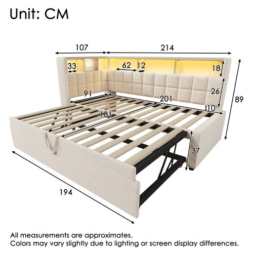 Lit Gigogne 90 X 200 Cm Avec Éclairage LED, Ports USB Et 6 Niches Lin Beige
