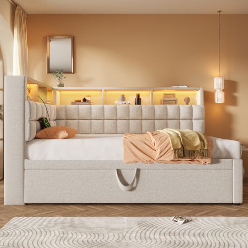 Lit Gigogne 90 X 200 Cm Avec Éclairage LED, Ports USB Et 6 Niches Lin Beige