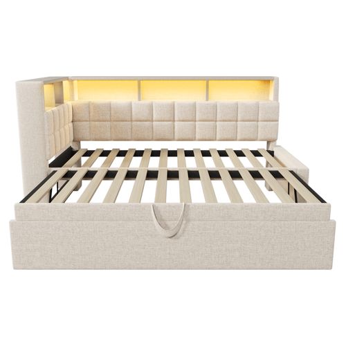 Lit Gigogne 90 X 200 Cm Avec Éclairage LED, Ports USB Et 6 Niches Lin Beige