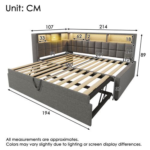 Lit Gigogne 90 X 200 Cm Avec Éclairage LED, Ports USB Et 6 Niches Lin Gris