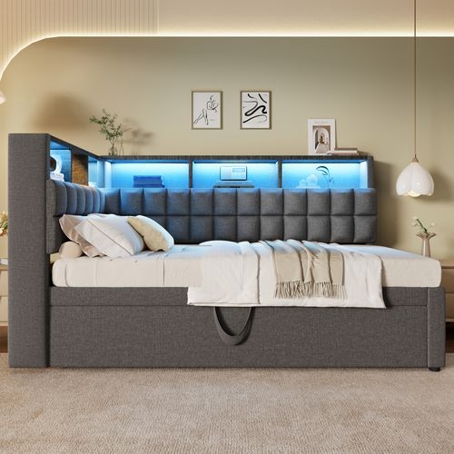 Lit Gigogne 90 X 200 Cm Avec Éclairage LED, Ports USB Et 6 Niches Lin Gris