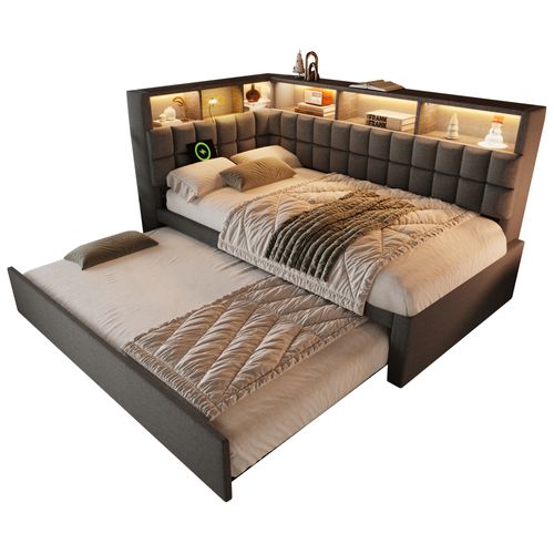 Lit Gigogne 90 X 200 Cm Avec Éclairage LED, Ports USB Et 6 Niches Lin Gris