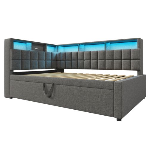 Lit Gigogne 90 X 200 Cm Avec Éclairage LED, Ports USB Et 6 Niches Lin Gris