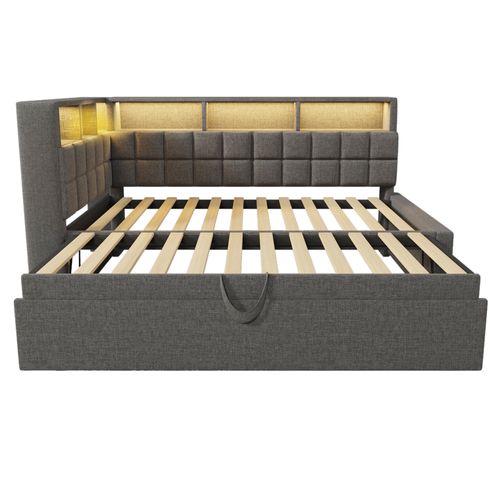 Lit Gigogne 90 X 200 Cm Avec Éclairage LED, Ports USB Et 6 Niches Lin Gris