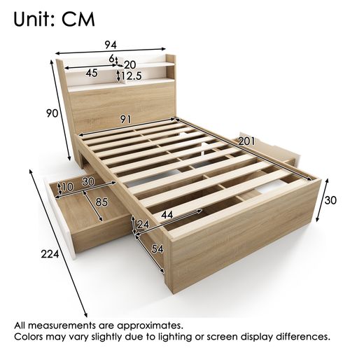 Lit Enfant 90 X 200 Cm Avec 2 Tiroirs, Tête De Lit Et Rangement Sous Le Lit Blanc Et Imitation Chêne