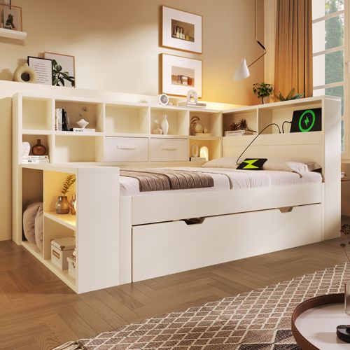 Lit Gigogne 90 X 200 Cm Avec Ports USB Et Des Compartiments De Rangement Sur Trois Côtés Blanc