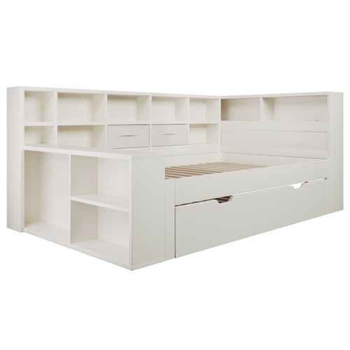 Lit Gigogne 90 X 200 Cm Avec Ports USB Et Des Compartiments De Rangement Sur Trois Côtés Blanc