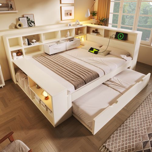 Lit Gigogne 140 X 200 Cm Avec Ports USB Et Des Compartiments De Rangement Sur Trois Côtés Blanc