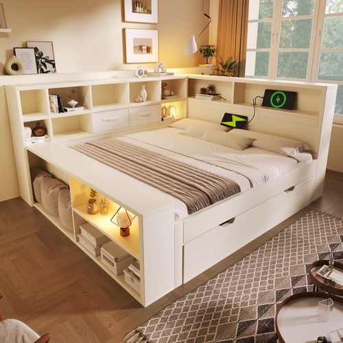 Lit Gigogne 140 X 200 Cm Avec Ports USB Et Des Compartiments De Rangement Sur Trois Côtés Blanc