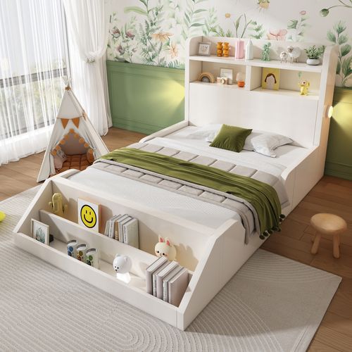 Lit Enfant 90 X 200 Cm Avec Étagères, Veilleuse Et Bibliothèque Amovible Blanc