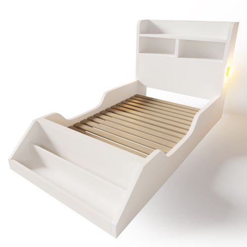 Lit Enfant 90 X 200 Cm Avec Étagères, Veilleuse Et Bibliothèque Amovible Blanc