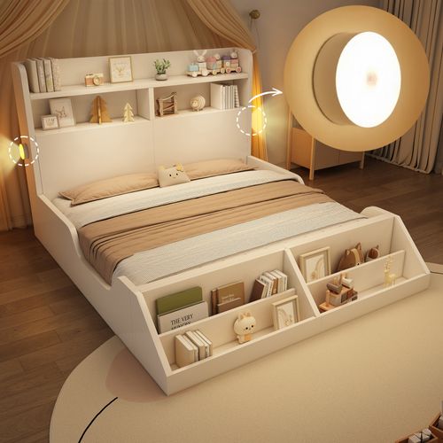 Lit 140 X 200 Cm Avec Étagères, Veilleuse Et Bibliothèque Amovible Blanc