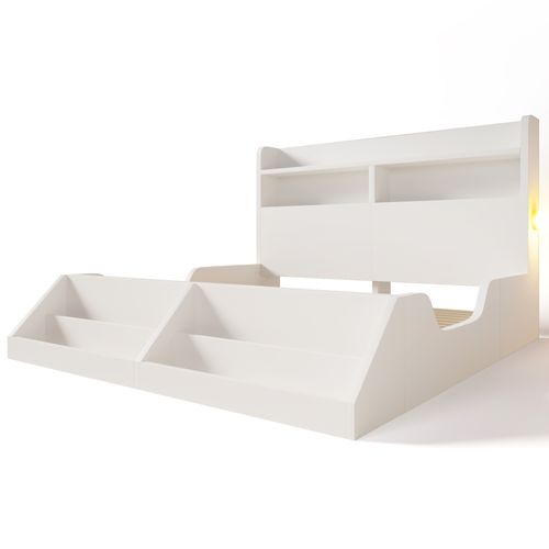 Lit 140 X 200 Cm Avec Étagères, Veilleuse Et Bibliothèque Amovible Blanc