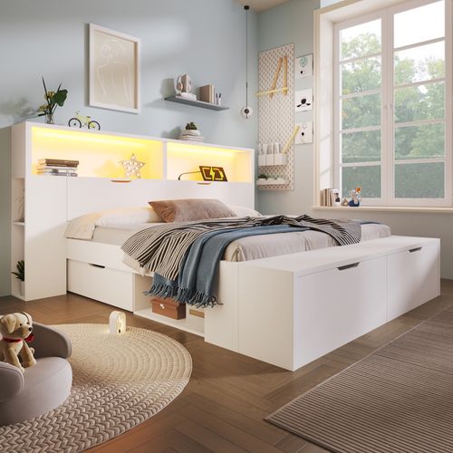 Lit 140 X 200 Cm  Avec LED, USB, 2 Tiroirs, Tabouret De Lit Et Étagères De Rangement Blanc