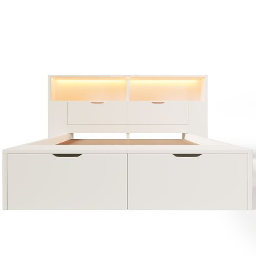 Lit 140 X 200 Cm  Avec LED, USB, 2 Tiroirs, Tabouret De Lit Et Étagères De Rangement Blanc