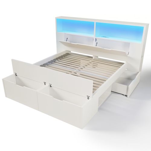 Lit 140 X 200 Cm  Avec LED, USB, 2 Tiroirs, Tabouret De Lit Et Étagères De Rangement Blanc