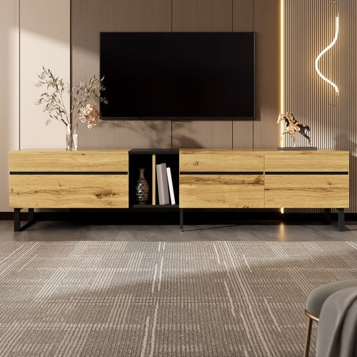 Meuble TV L.180cm Avec 3 Portes, 2 Niches Et Pieds En Métal Bois