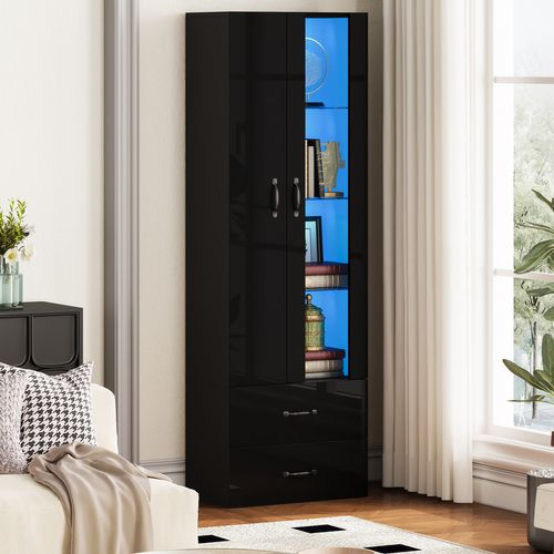 Vitrine Avec LED, 2 Tiroirs Et 2 Portes Noir