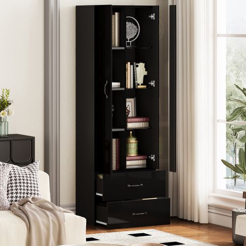 Vitrine Avec LED, 2 Tiroirs Et 2 Portes Noir