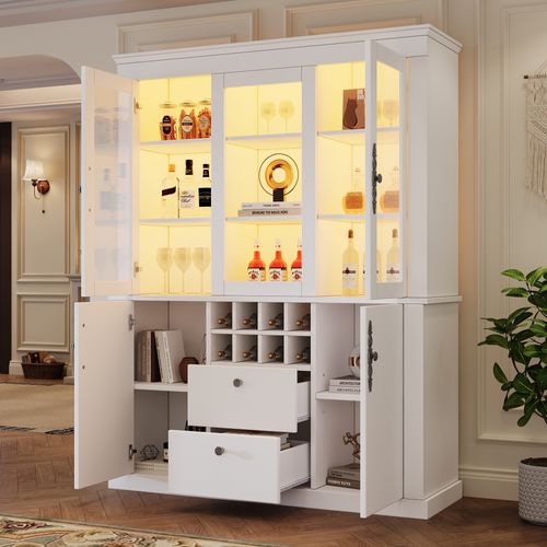 Vitrine Avec LED, 2 Tiroirs, 4 Portes Et 8 Casiers à Vin Blanc