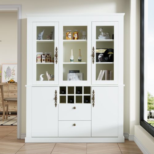 Vitrine Avec LED, 2 Tiroirs, 4 Portes Et 8 Casiers à Vin Blanc