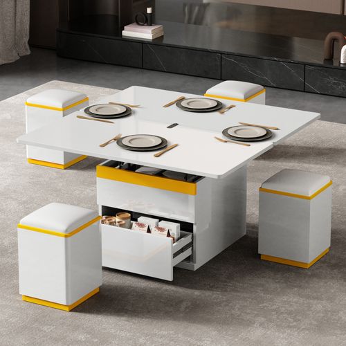 Table Basse Avec 2 Tiroirs, Plateau Réglable Et 4 Tabourets Blanc