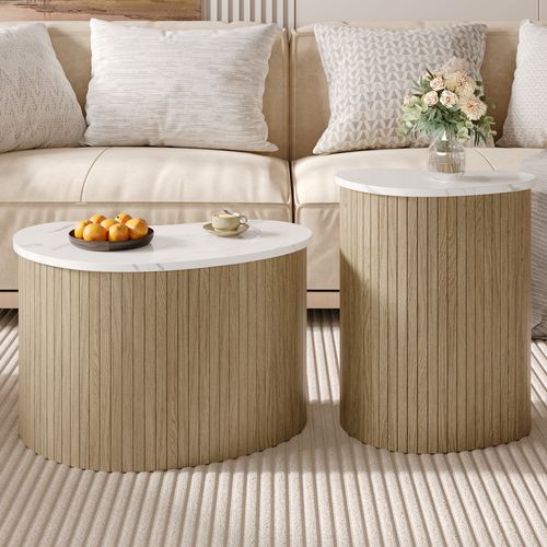 Lot De 2 Table Basse Double Φ60cm + Φ 40cm Bois + Blanc