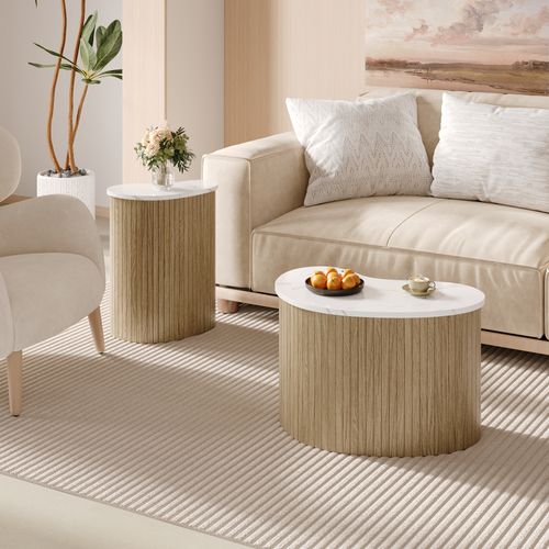 Lot De 2 Table Basse Double Φ60cm + Φ 40cm Bois + Blanc