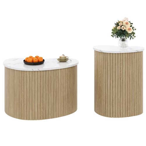 Lot De 2 Table Basse Double Φ60cm + Φ 40cm Bois + Blanc