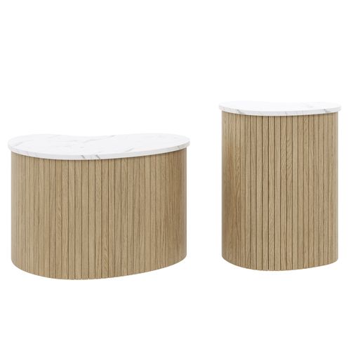 Lot De 2 Table Basse Double Φ60cm + Φ 40cm Bois + Blanc