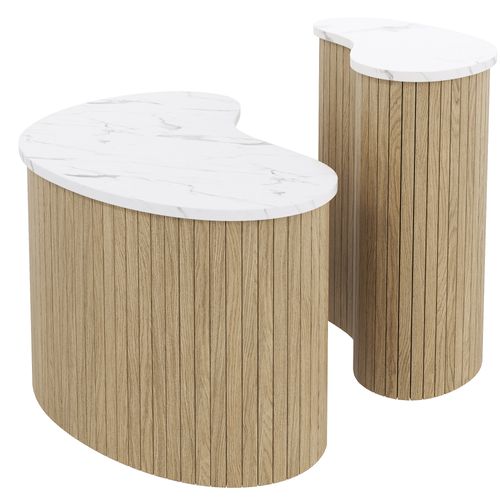 Lot De 2 Table Basse Double Φ60cm + Φ 40cm Bois + Blanc