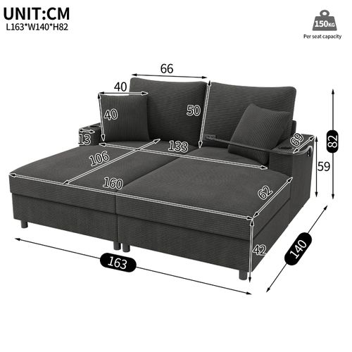 Canapé Fixe 2 Places Avec USB Et 2 Porte-gobelets Gris